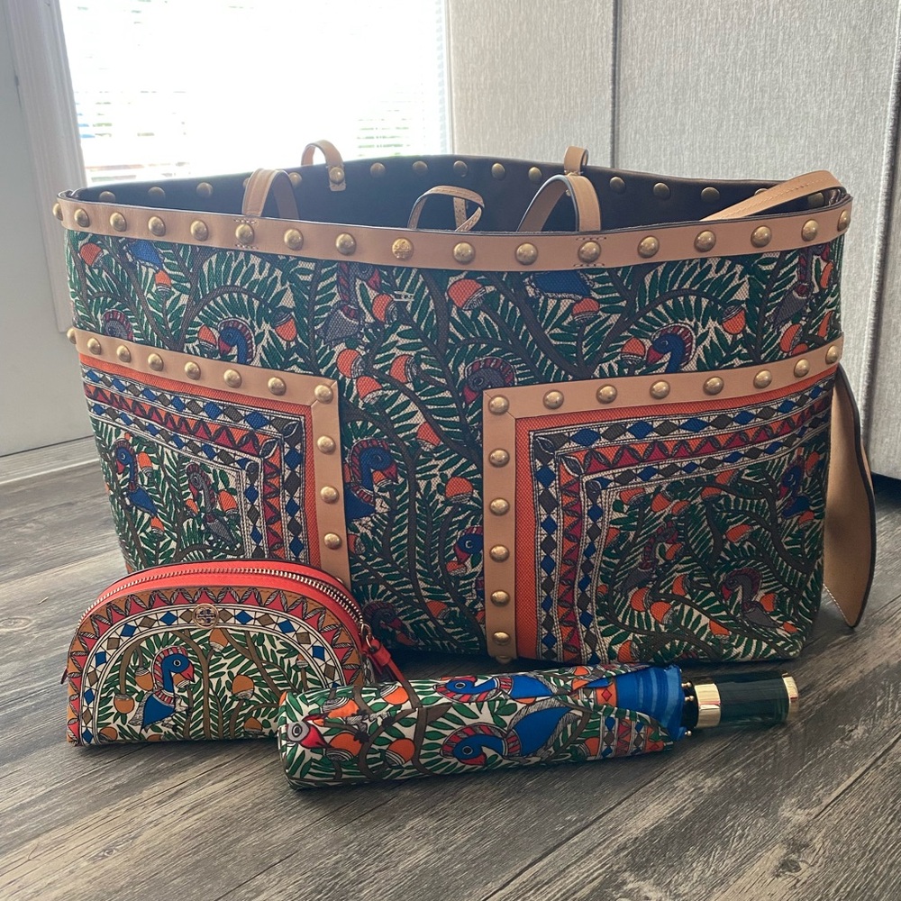 Stud-Trim Printed Tote Bag in Green Multicolor